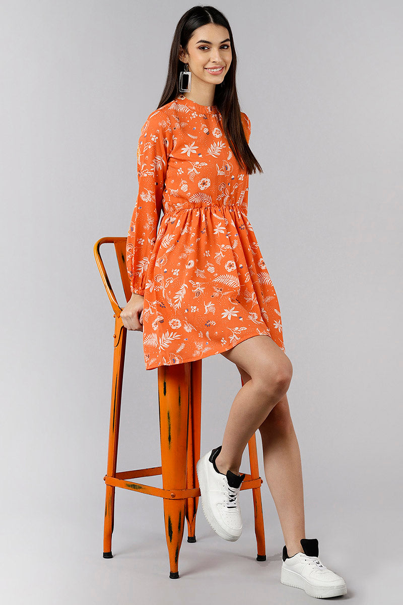 ZERESOUQ-Bright-Orange-Polyester-Floral-Printed-Short-Dress