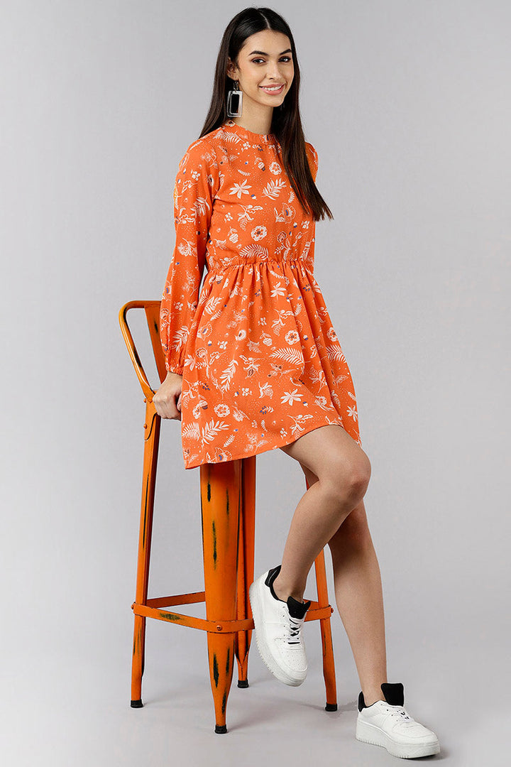 ZERESOUQ-Bright-Orange-Polyester-Floral-Printed-Short-Dress