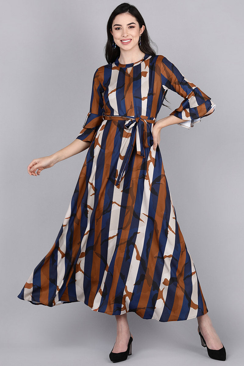 Navy Blue & Brown Polyester Striped Printed Maxi Dress