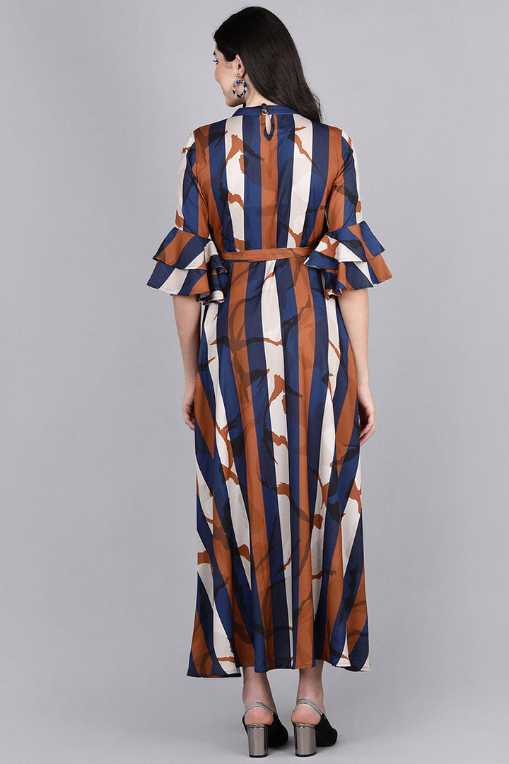 Navy Blue & Brown Polyester Striped Printed Maxi Dress