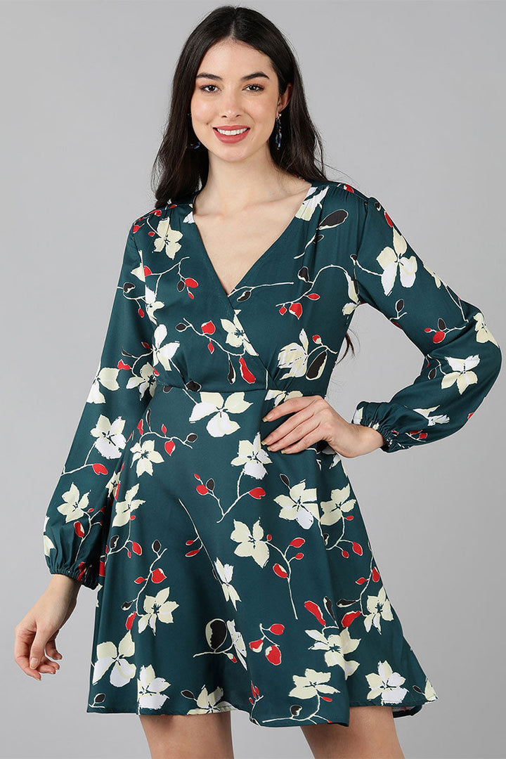 ZERESOUQ-Dark-Teal-Green-Polyester-Printed-Wrap-Style-Short-Dress