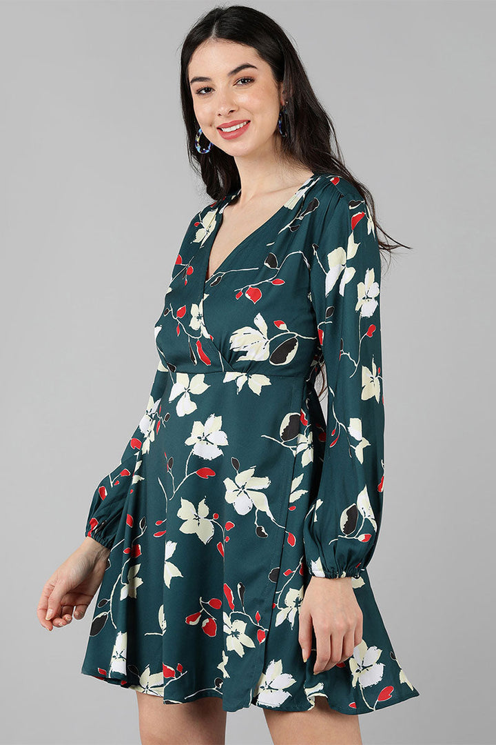 ZERESOUQ-Dark-Teal-Green-Polyester-Printed-Wrap-Style-Short-Dress