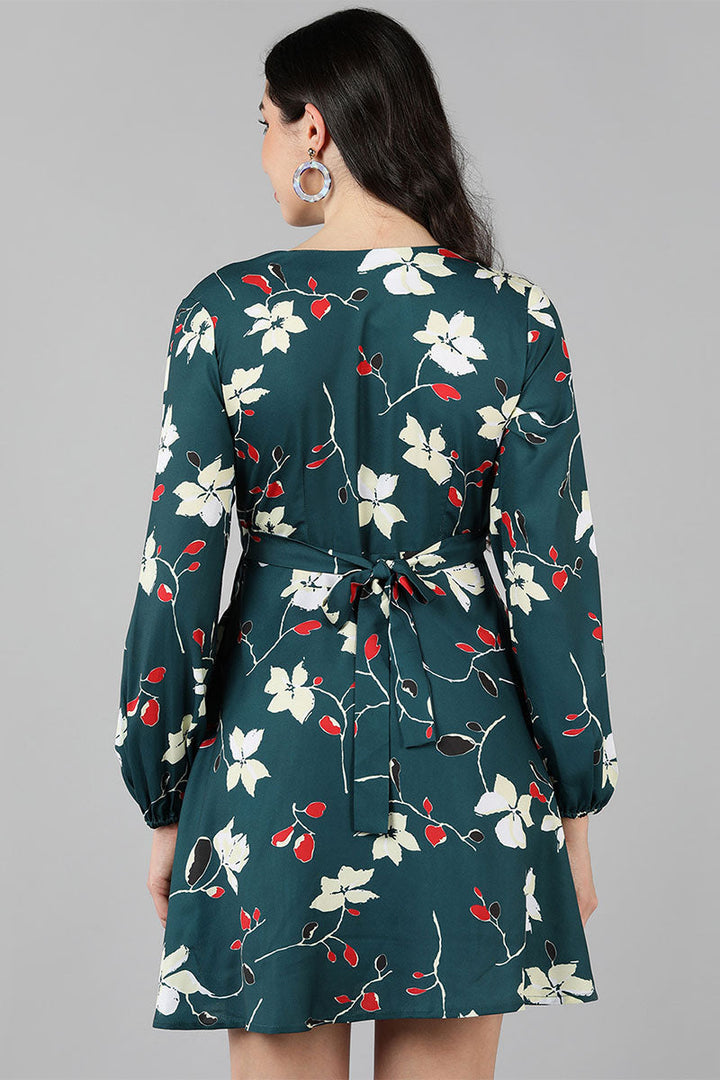 ZERESOUQ-Dark-Teal-Green-Polyester-Printed-Wrap-Style-Short-Dress