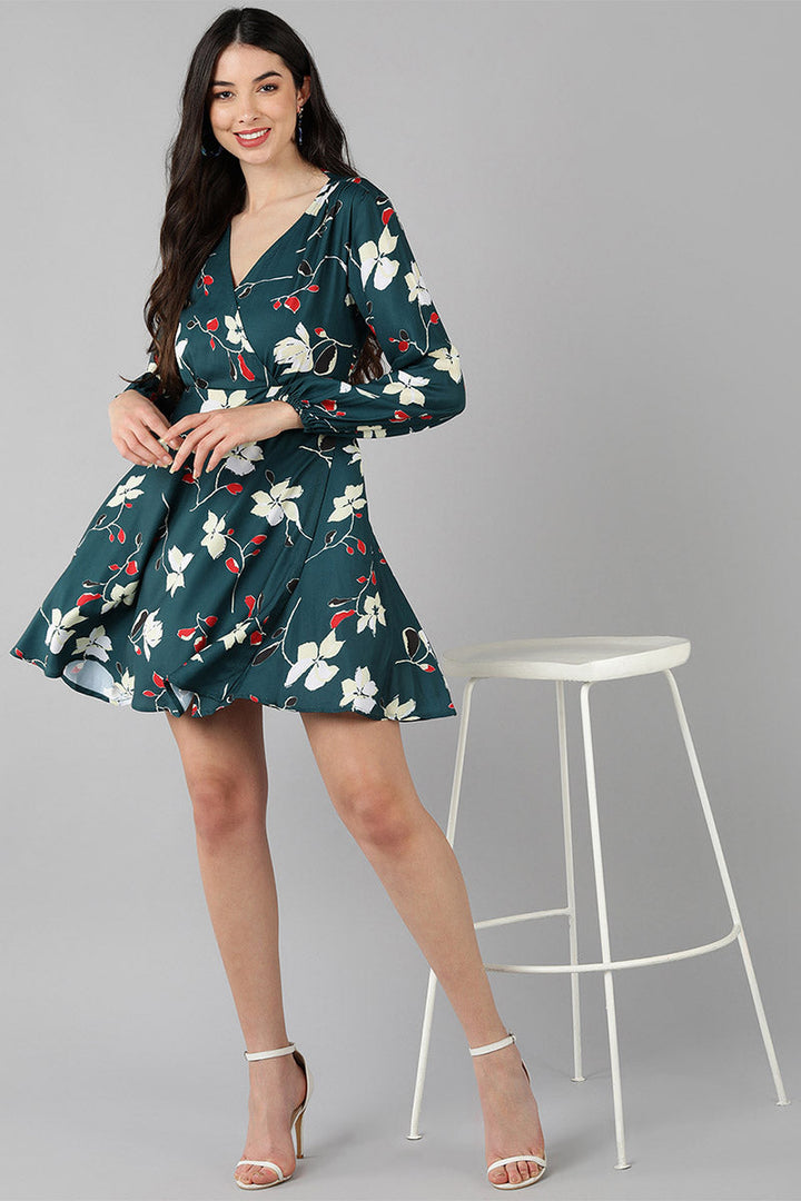 ZERESOUQ-Dark-Teal-Green-Polyester-Printed-Wrap-Style-Short-Dress