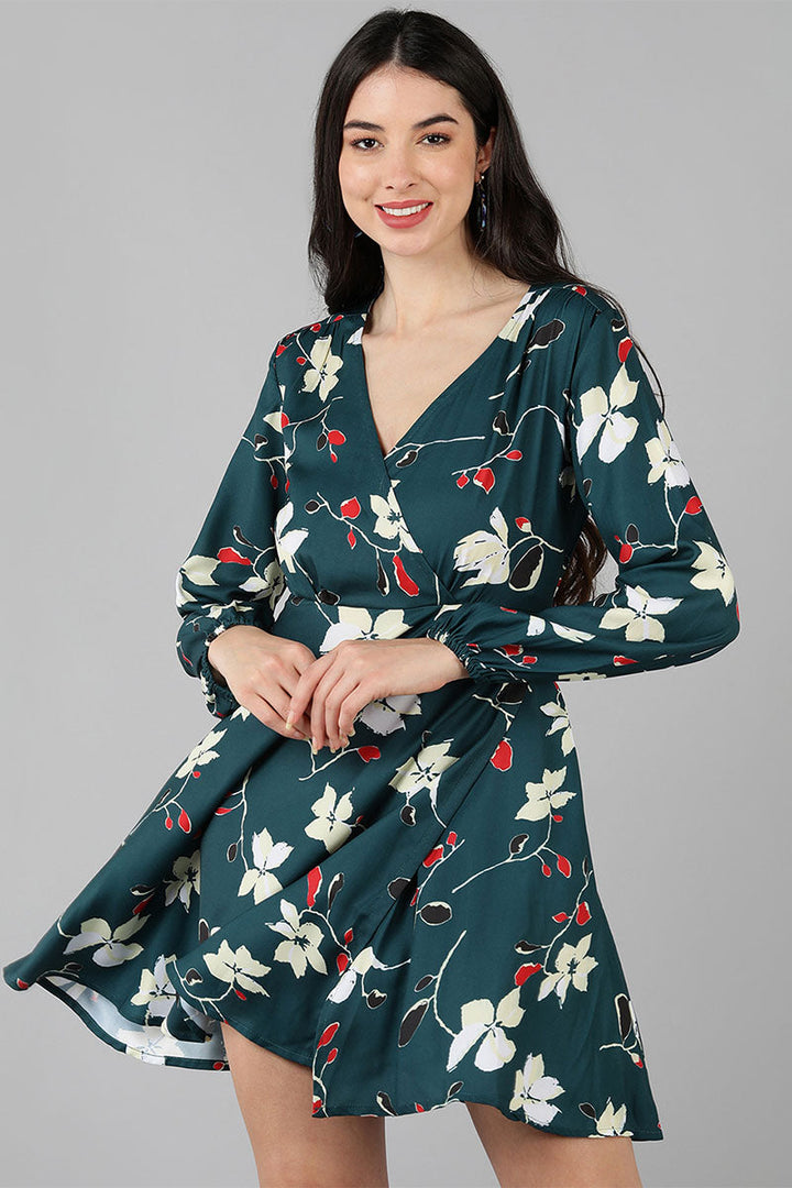 ZERESOUQ-Dark-Teal-Green-Polyester-Printed-Wrap-Style-Short-Dress