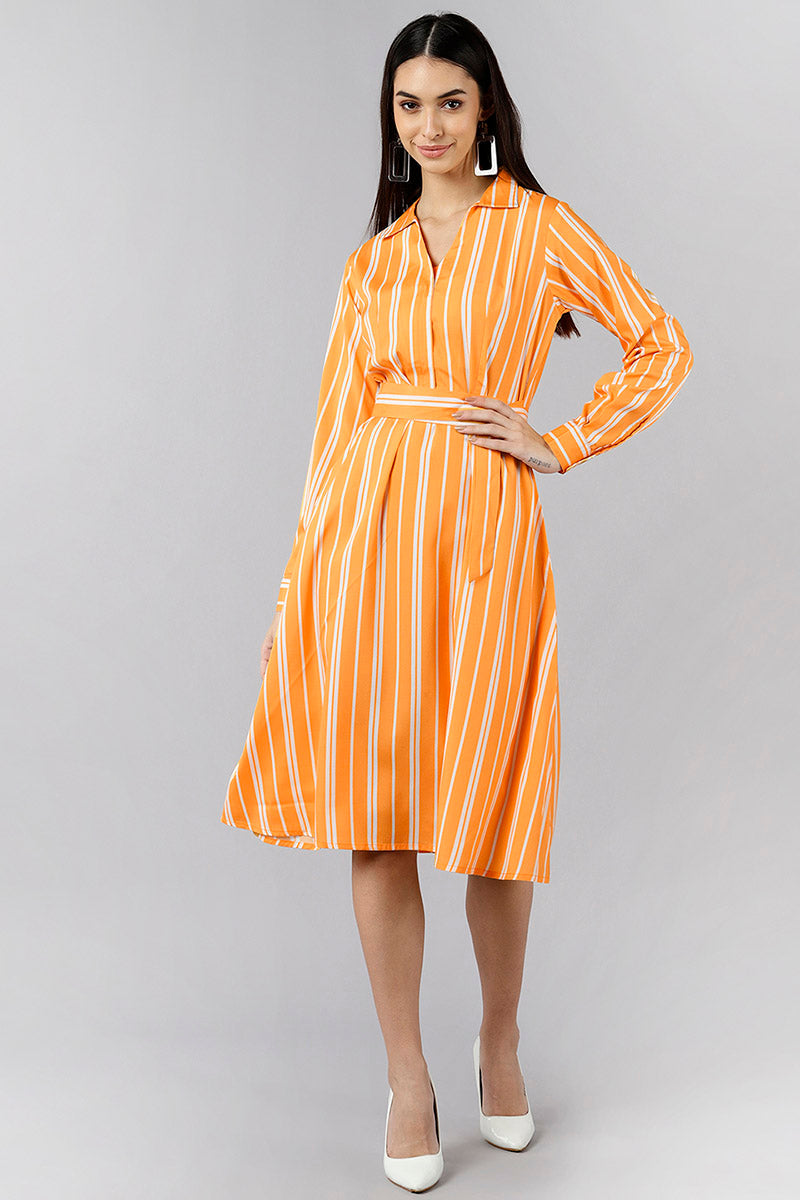 ZERESOUQ-Orange-&-White-Polyester-Striped-Printed-Corporate-Dress