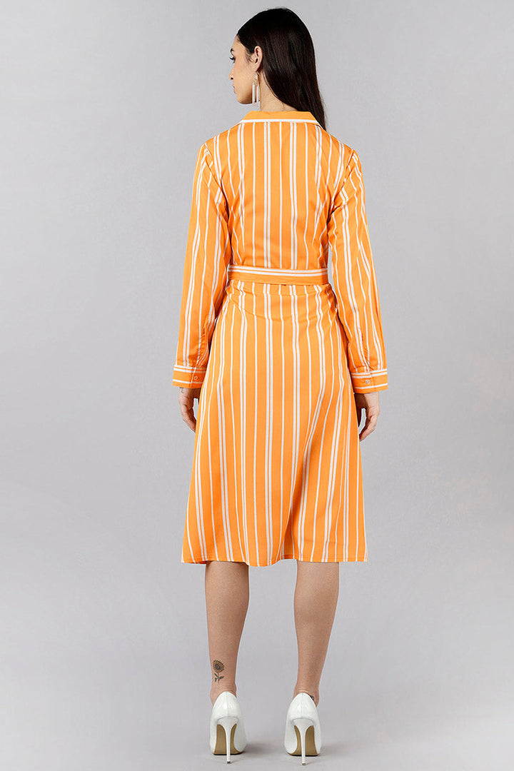 ZERESOUQ-Orange-&-White-Polyester-Striped-Printed-Corporate-Dress