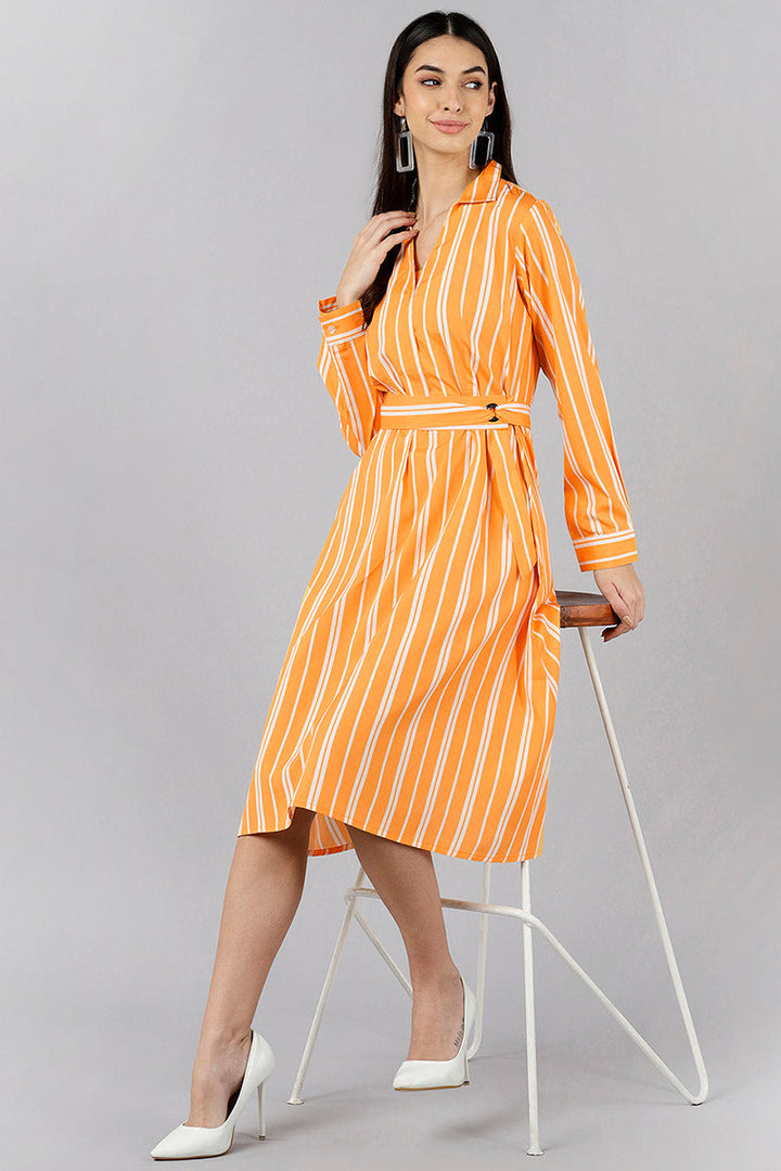 ZERESOUQ-Orange-&-White-Polyester-Striped-Printed-Corporate-Dress