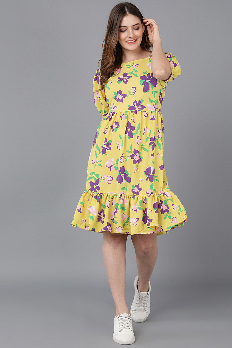 ZERESOUQ-Crayon-Yellow-Georgette-Floral-Printed-Slim-Dress