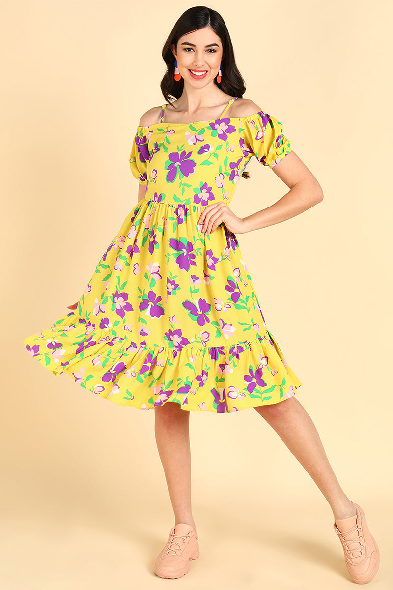 Crayon Yellow Georgette Floral Print Strappy Short Dress