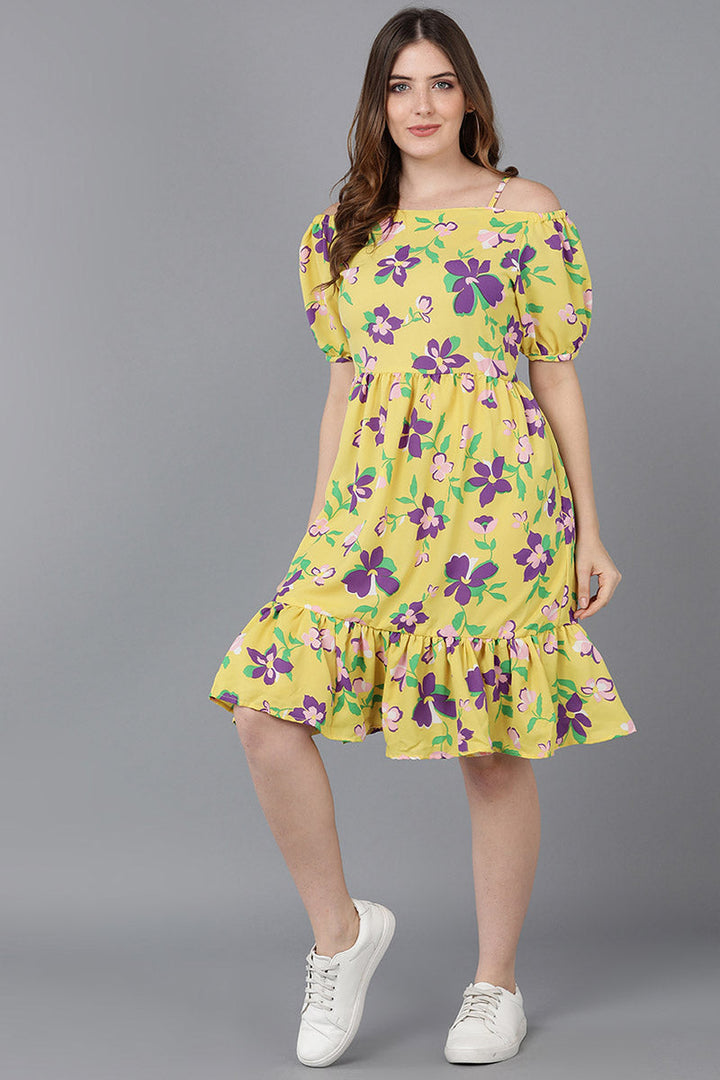 ZERESOUQ-Crayon-Yellow-Georgette-Floral-Printed-Slim-Dress