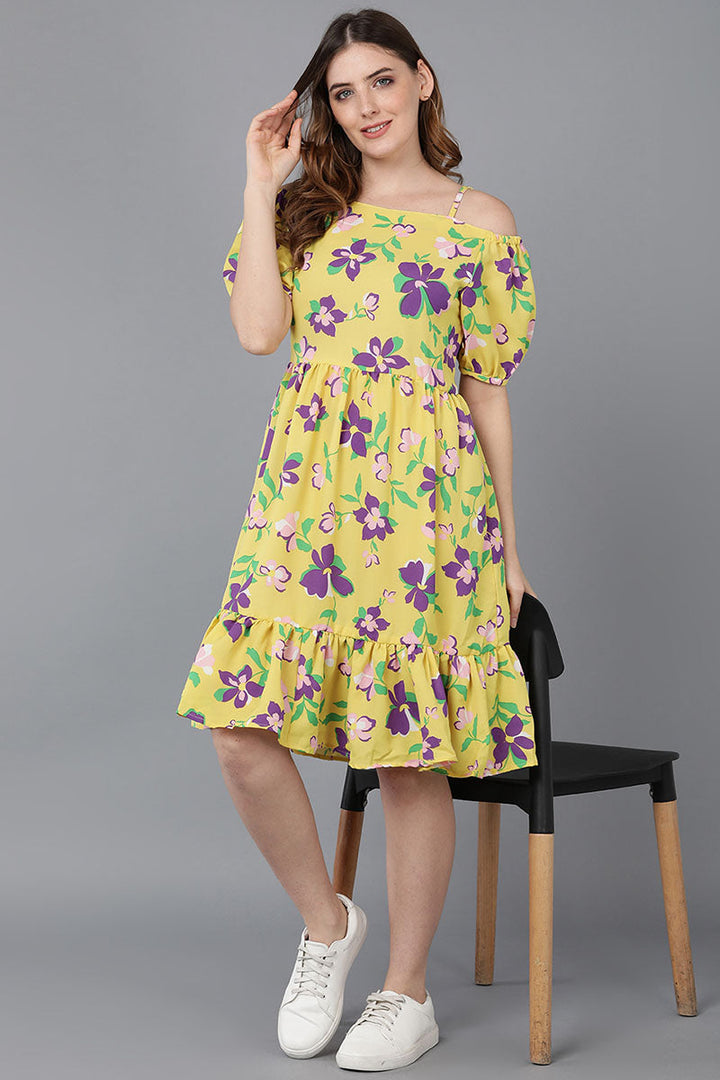 ZERESOUQ-Crayon-Yellow-Georgette-Floral-Printed-Slim-Dress