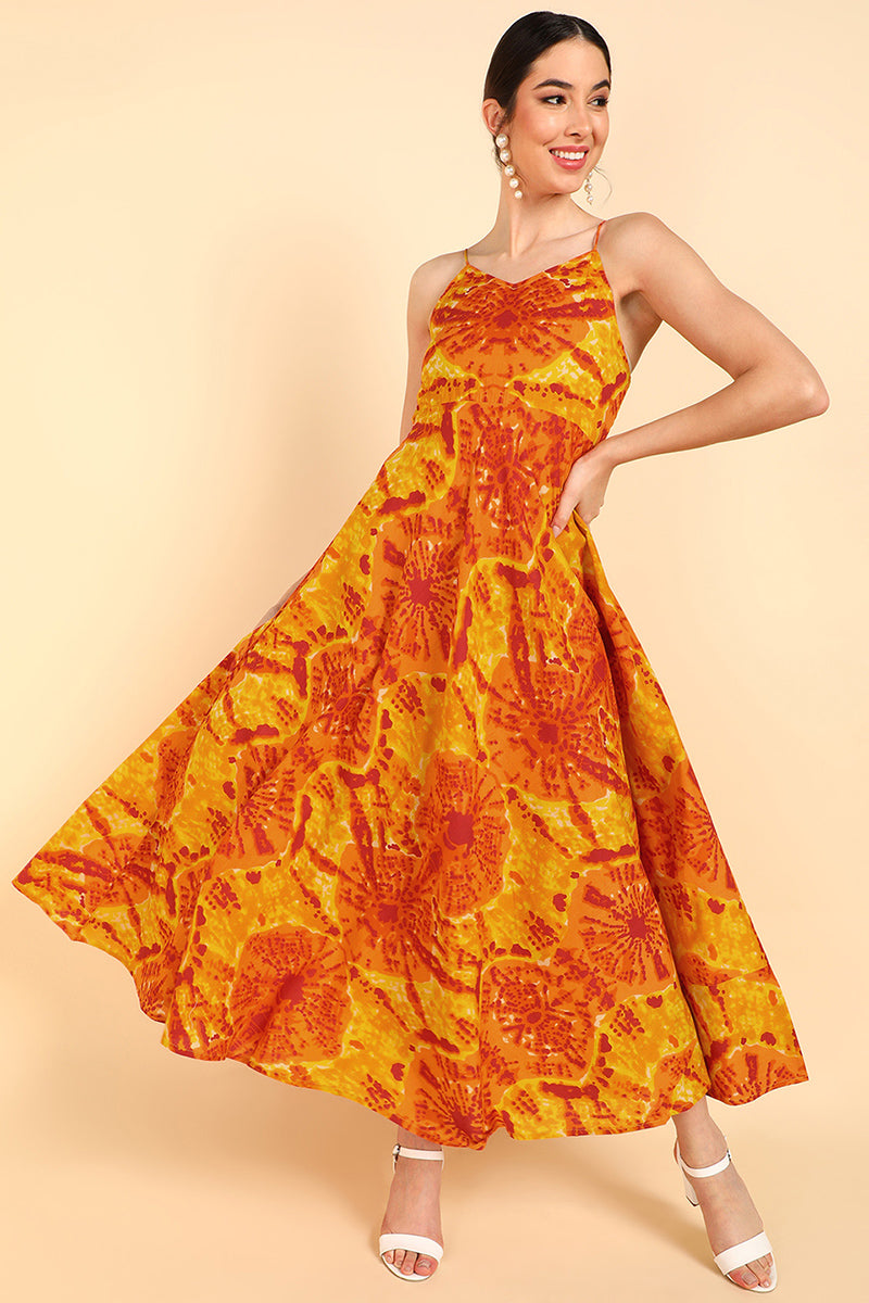 Orange Cotton Shibori Tie-Dye Printed Spagetthi Strap Dress