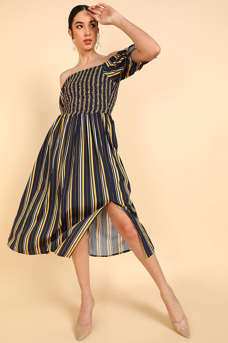 ZERESOUQ-Navy-Blue-&-Yellow-Polyester-Striped-Printed-Dress