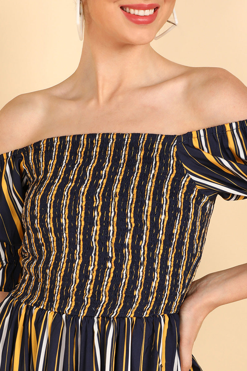 Navy Blue & Yellow Polyester Striped Printed Dress