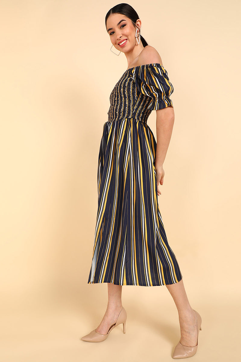 ZERESOUQ-Navy-Blue-&-Yellow-Polyester-Striped-Printed-Dress