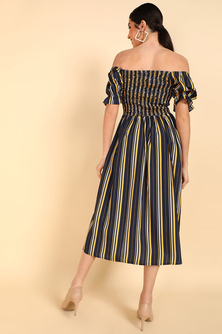 ZERESOUQ-Navy-Blue-&-Yellow-Polyester-Striped-Printed-Dress
