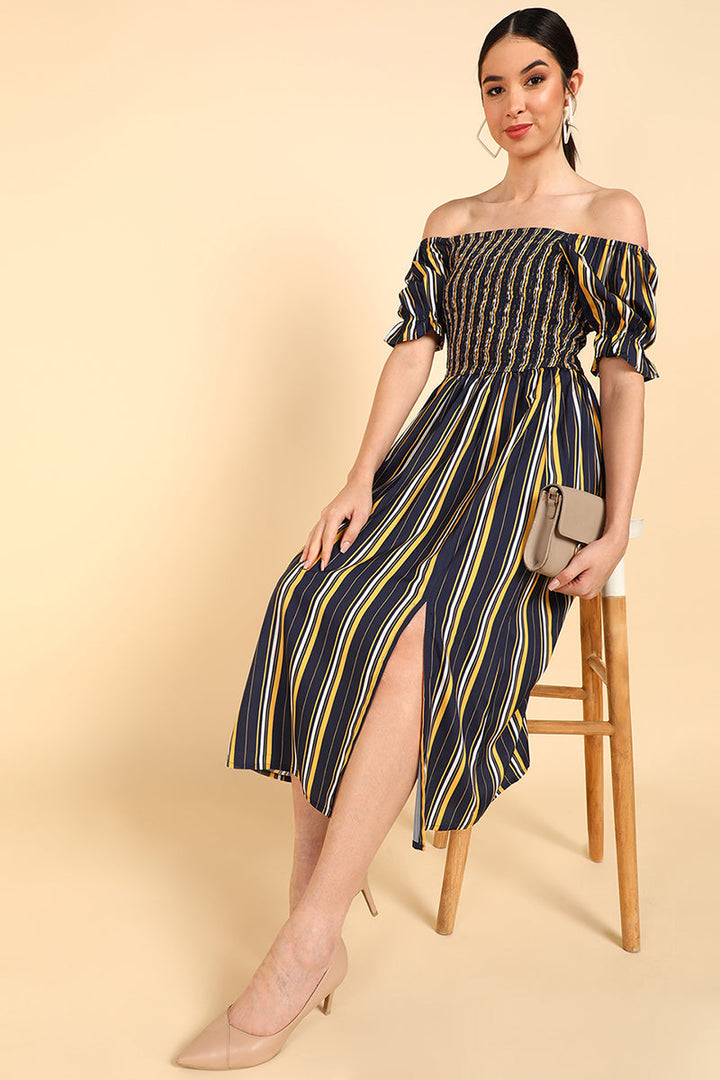 ZERESOUQ-Navy-Blue-&-Yellow-Polyester-Striped-Printed-Dress