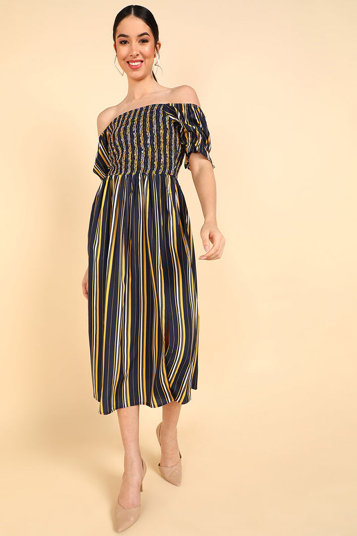 ZERESOUQ-Navy-Blue-&-Yellow-Polyester-Striped-Printed-Dress