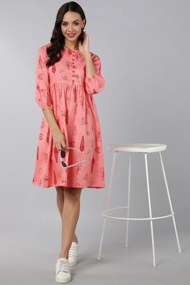 Pink Cotton Ethnic Motifs Printed Short Dress