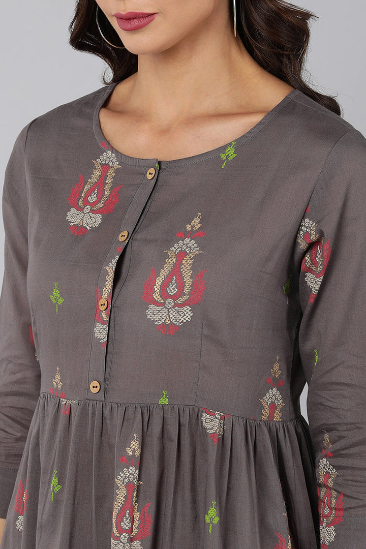Lava Grey Cotton Boat-Neck Ethnic Printed Midi Dress
