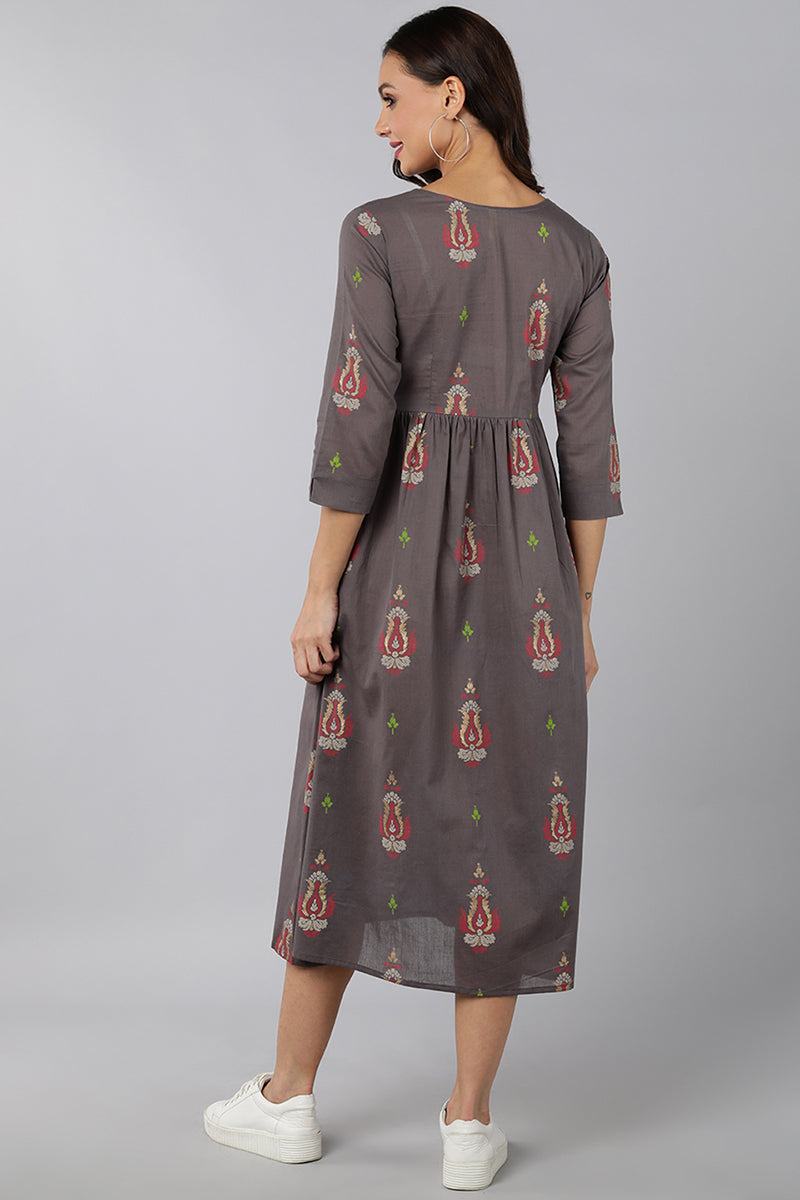 Lava Grey Cotton Boat-Neck Ethnic Printed Midi Dress