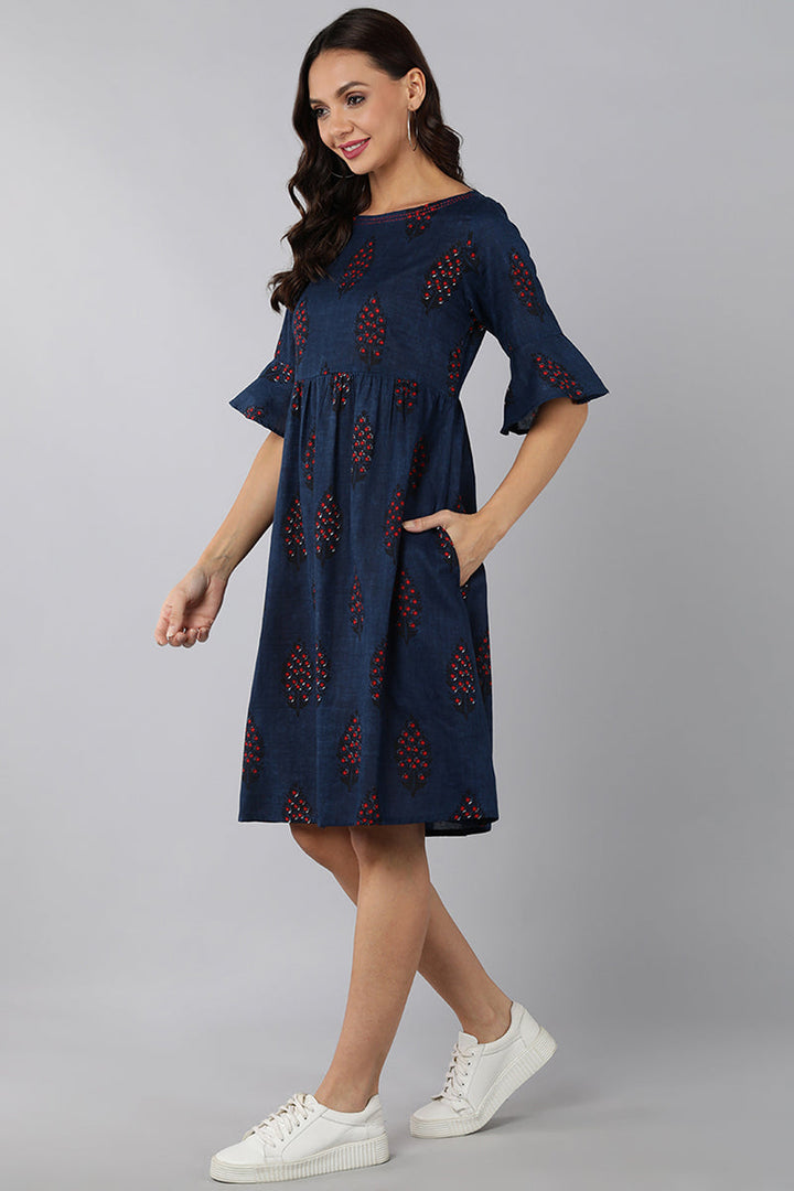 Navy Blue Cotton Ethnic Printed Short Dress with Boat-Neck