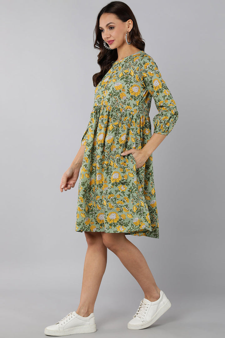 Laurel Green Cotton Marigold Printed Short Dress