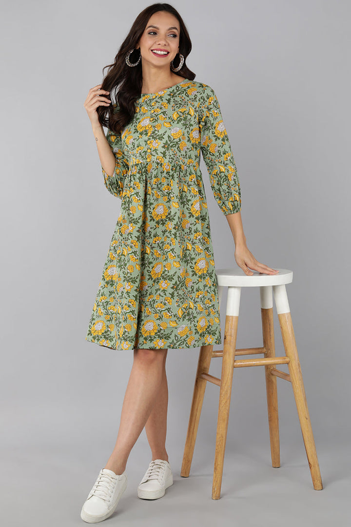 Laurel Green Cotton Marigold Printed Short Dress