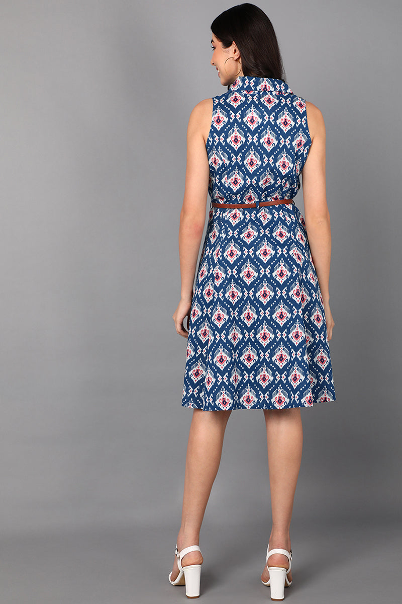 Blue Cotton Geometric Ethnic Motif Short Sleeveless Dress