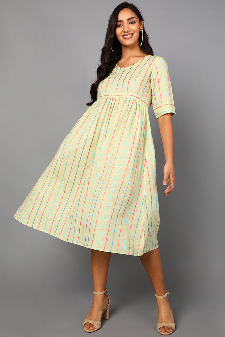 Cream Cotton Graphic Striped Printed Midi Dress