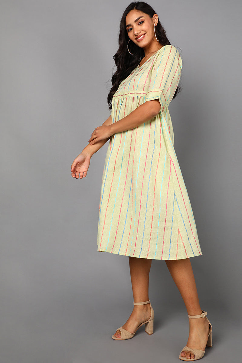 ZERESOUQ-Cream-Cotton-Graphic-Striped-Printed-Midi-Dress