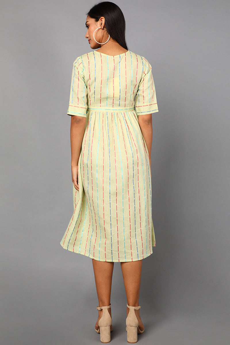 Cream Cotton Graphic Striped Printed Midi Dress