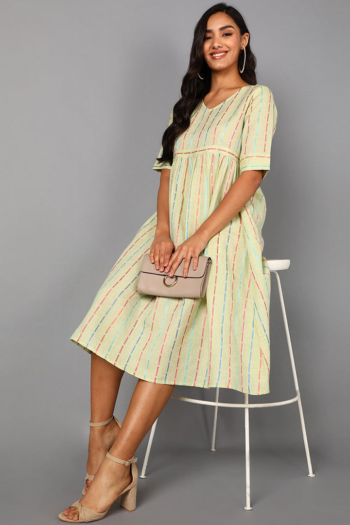 ZERESOUQ-Cream-Cotton-Graphic-Striped-Printed-Midi-Dress