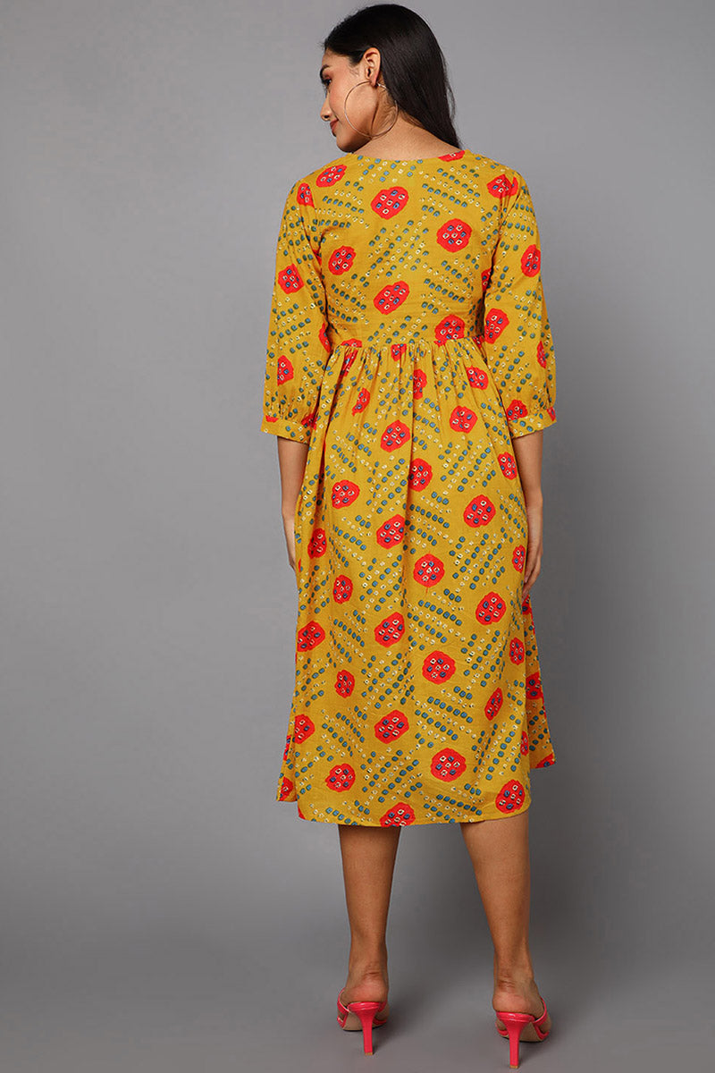 Dark Mustard Cotton Bandhani Print Gathered Midi Dress