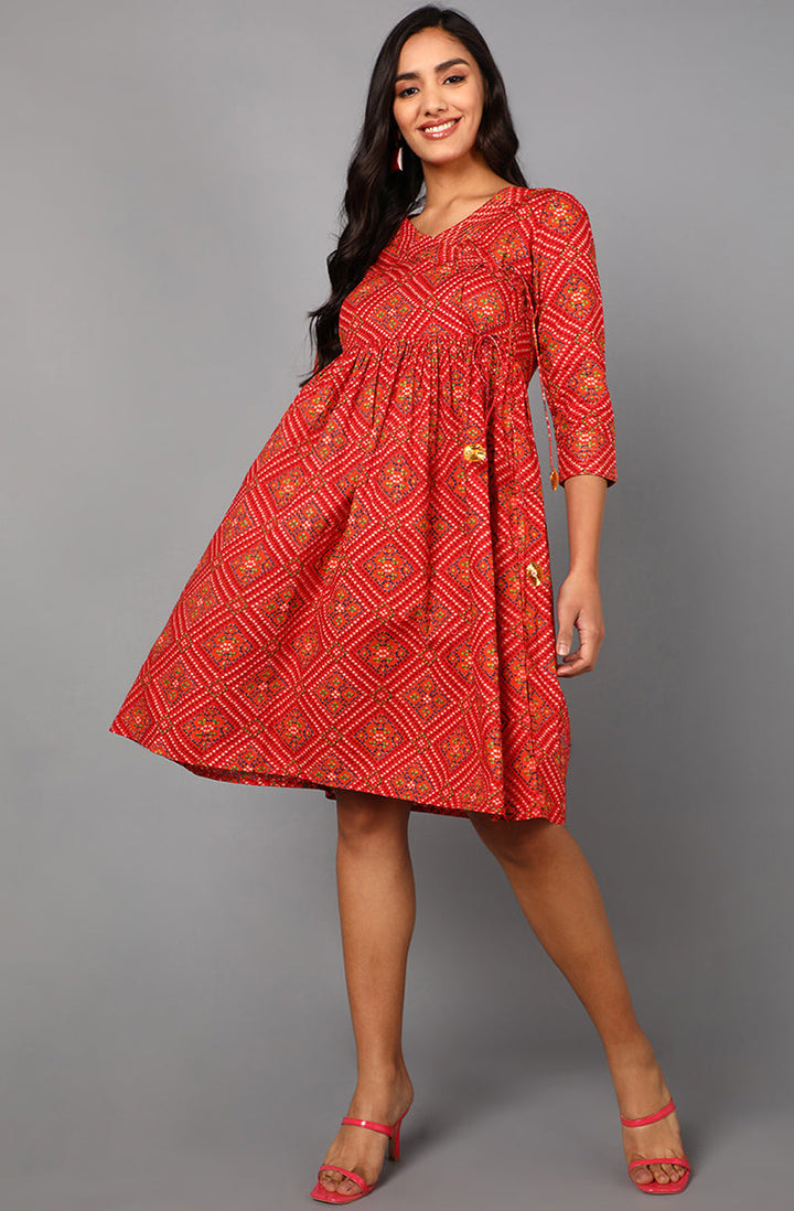 Jaipuri Red Cotton Badhani Print Short Dress