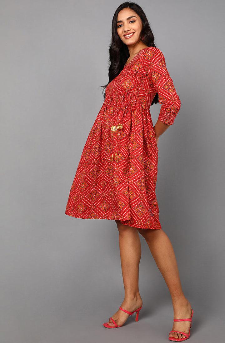 Jaipuri Red Cotton Badhani Print Short Dress