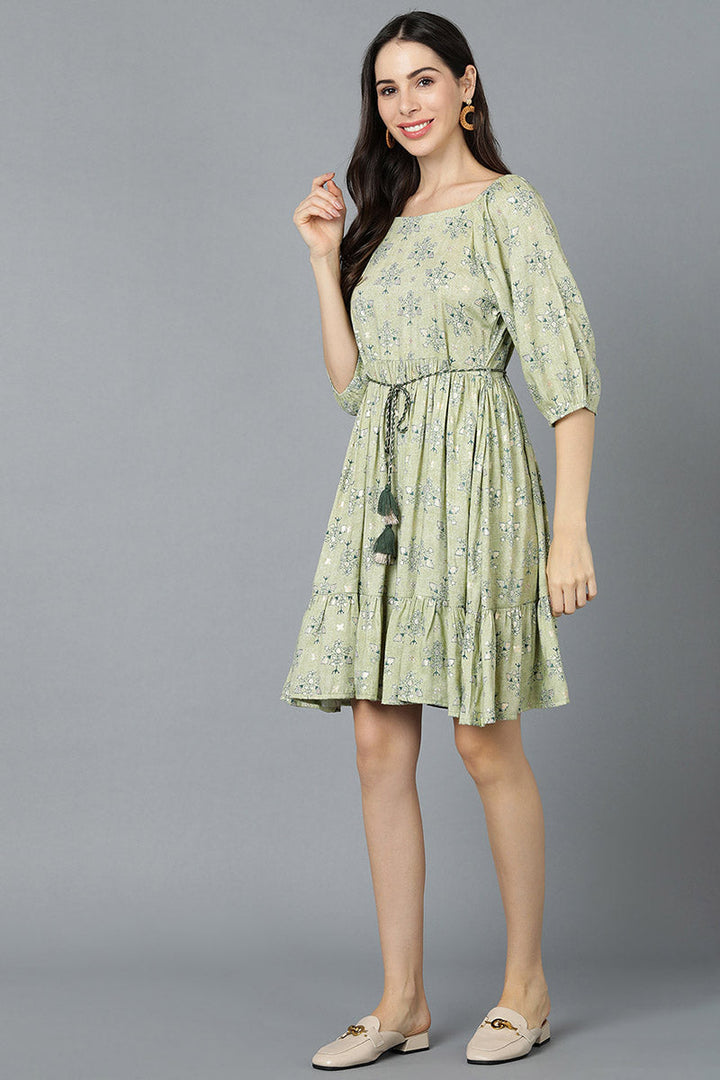 Laurel Green Cotton Printed Short Dress with Waist Tassel