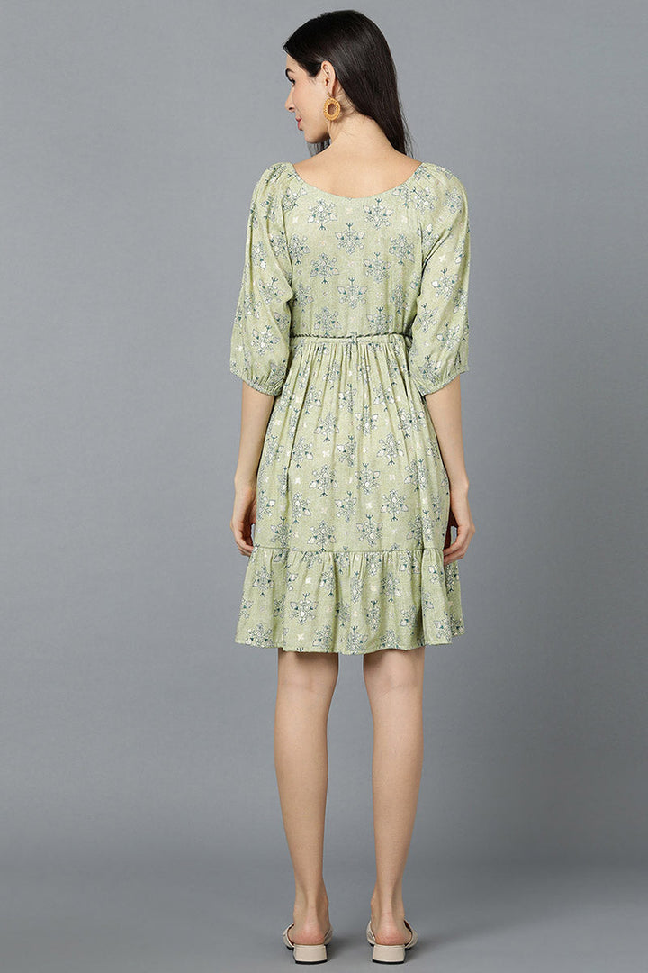 Laurel Green Cotton Printed Short Dress with Waist Tassel