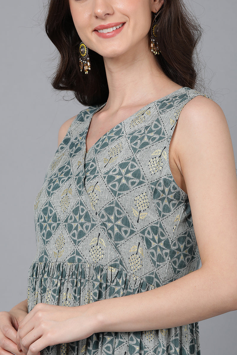 Grey & Teal Cotton Geometric Print Sleeveless Midi Dress