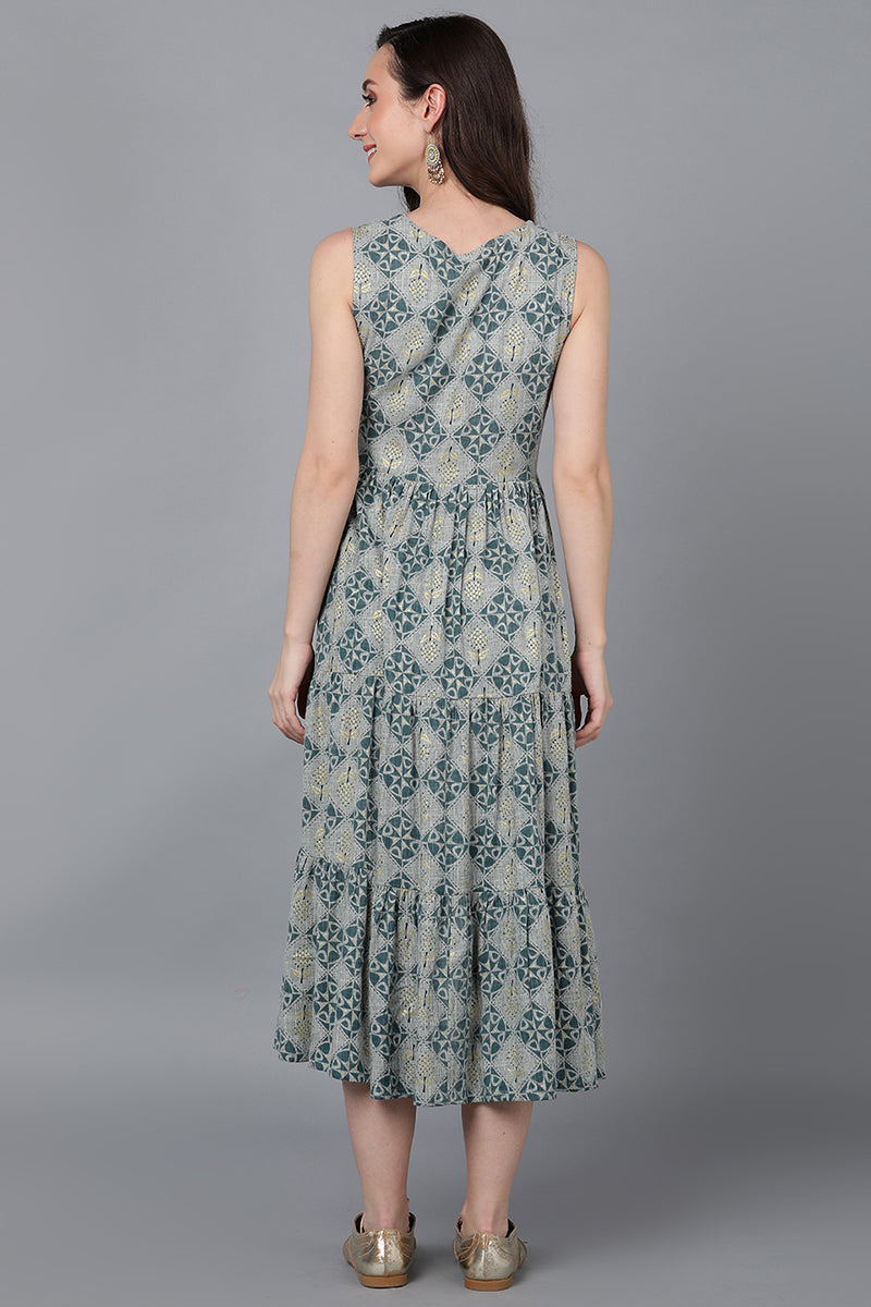 Grey & Teal Cotton Geometric Print Sleeveless Midi Dress
