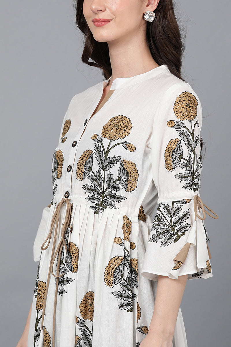 Off-White & Beige Marigold Botanical Print Midi Dress