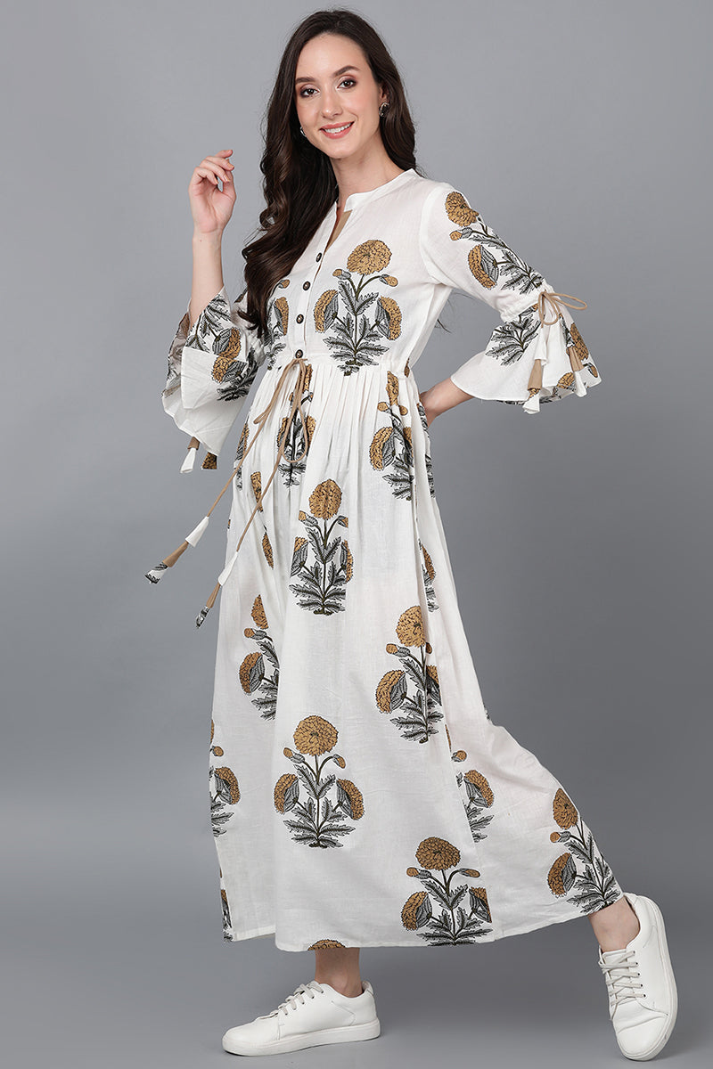 Off-White & Beige Marigold Botanical Print Midi Dress