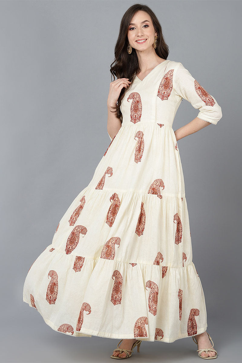 ZERESOUQ-Cream-Cotton-Paisley-Printed-Long-Tiered-Dress