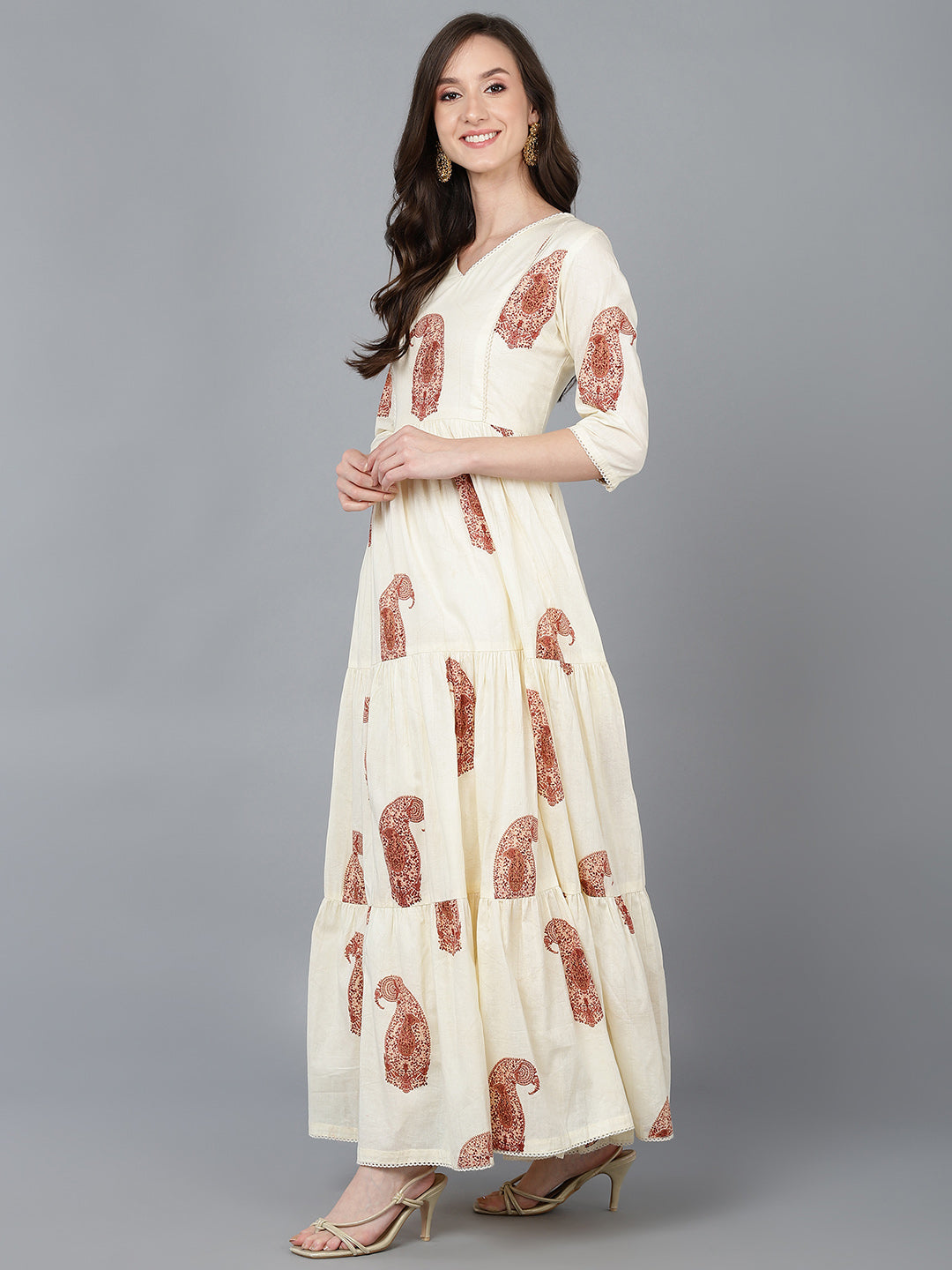 ZERESOUQ-Cream-Cotton-Paisley-Printed-Long-Tiered-Dress