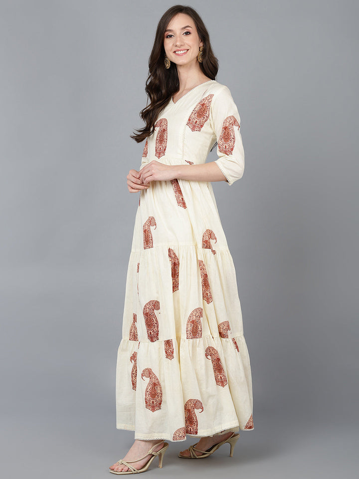 ZERESOUQ-Cream-Cotton-Paisley-Printed-Long-Tiered-Dress