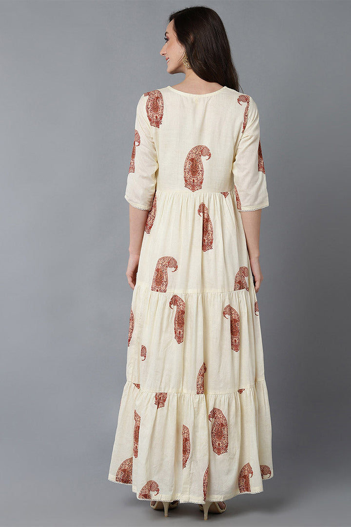 ZERESOUQ-Cream-Cotton-Paisley-Printed-Long-Tiered-Dress