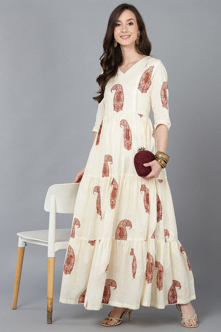ZERESOUQ-Cream-Cotton-Paisley-Printed-Long-Tiered-Dress