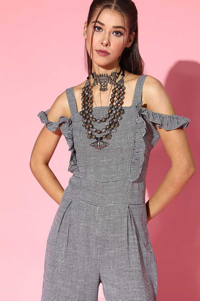 Grey Cotton Chequered Print Cold-Shoulder Jumpsuit
