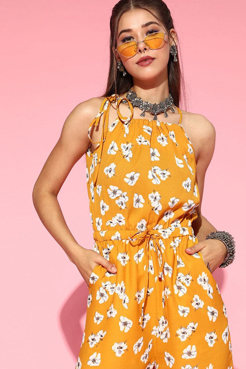 Mustard Polyester Printed Strappy Jumpsuit